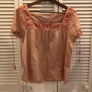 Madewell pink top w/ embroidered neckline